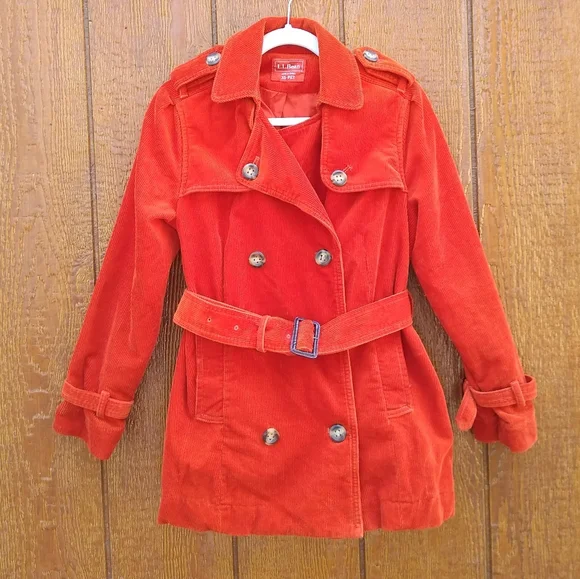 L.L. Bean Burnt Orange Corduroy Belted Trench Coat Pea Coat Size XS Petite - Picture 12 of 15